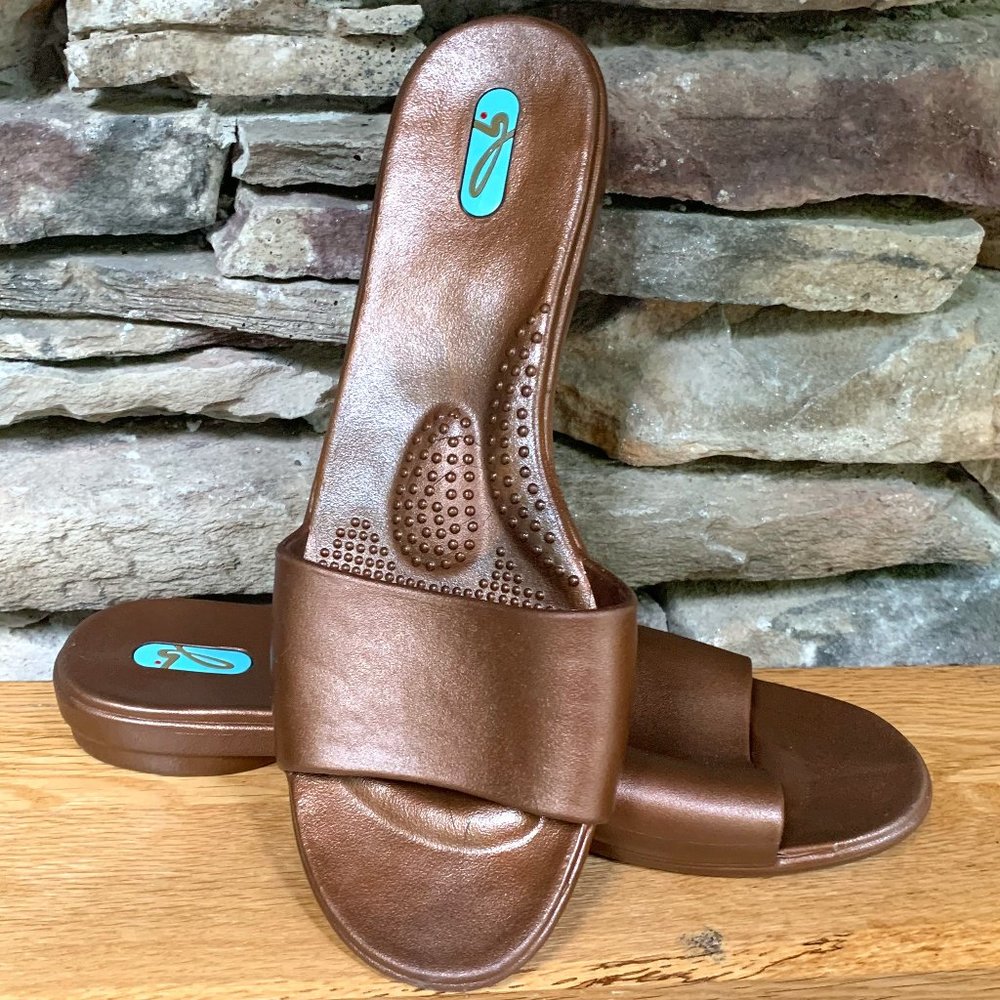 Oka B Okabashi Copper Sandals Slides Block Heel Vegan… Gem